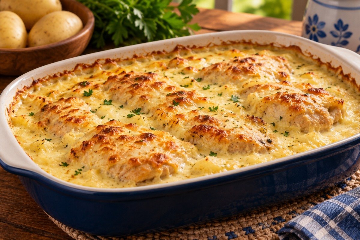 frango em cubos dourados mergulhado em creme espesso de batata e queijos, com bacon e cheiro-verde