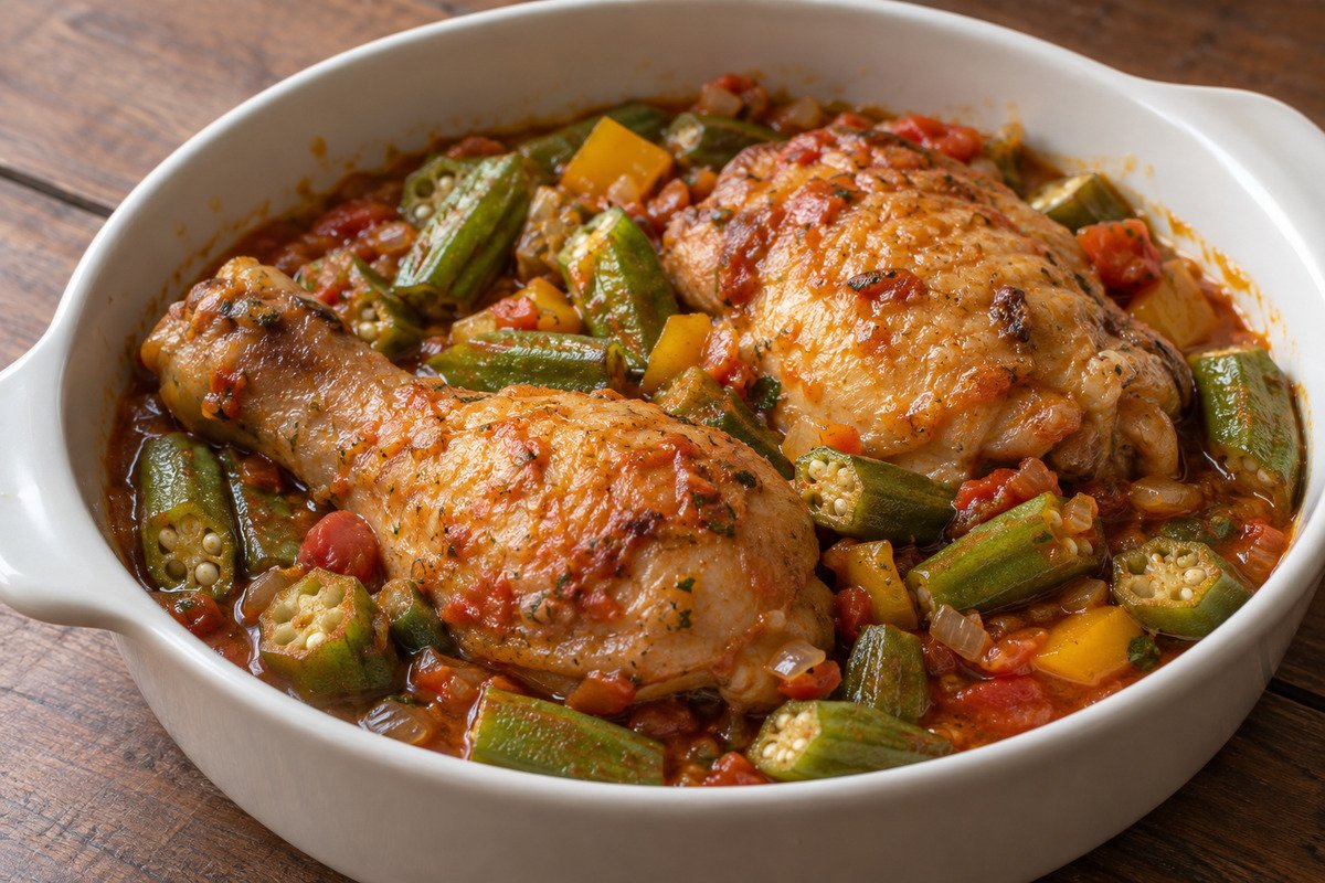 Frango com quiabo em pedaços com caldo rústico