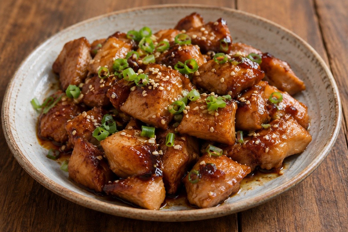 Frango teriyaki dourado e brilhante com gergelim e cebolinha em travessa simples