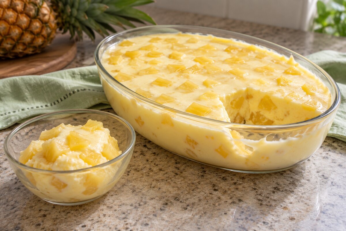 Geladão de abacaxi cremoso com cubinhos da fruta em travessa e uma porção ao lado