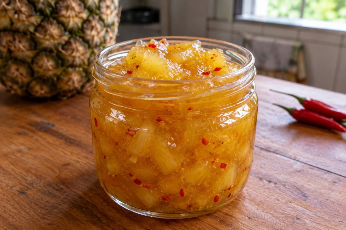 Geleia de abacaxi com pimenta em apresentação caseira sobre mesa simples