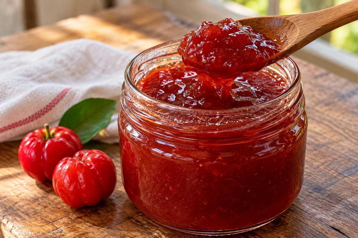 Pote de geleia de acerola vermelha com colher e acerolas frescas ao lado.