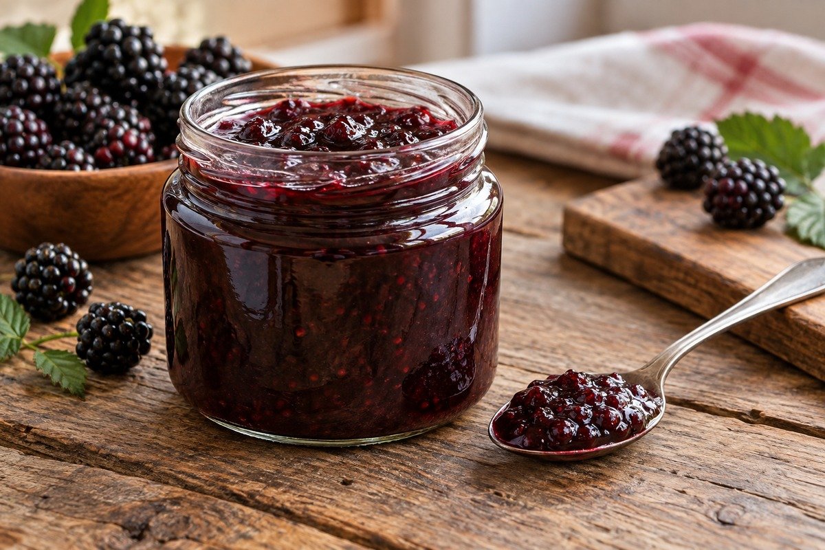 Geleia de amora roxa e brilhante em pote de vidro simples, com pequenos pedaços de fruta.
