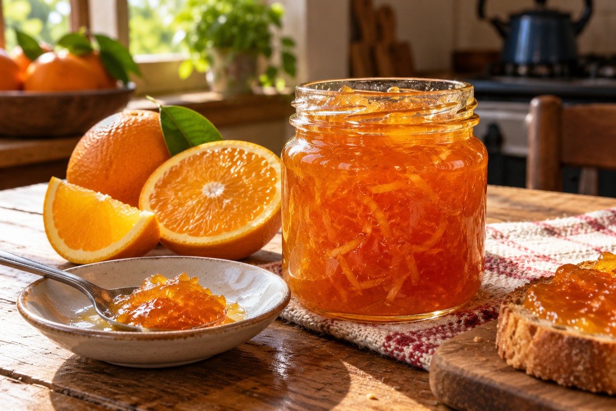 Geleia de laranja âmbar em pote de vidro, com tirinhas finas de casca visíveis e pequena porção servida em colher.