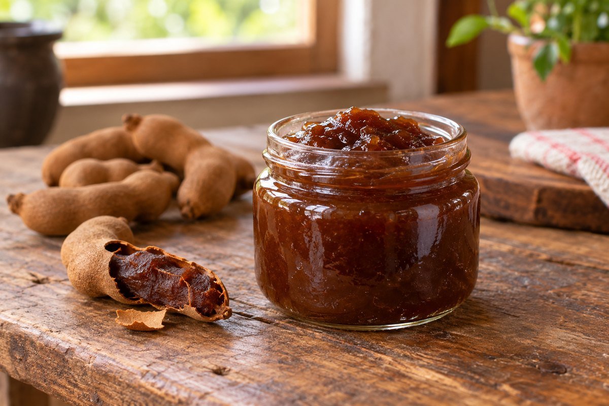 Geleia de Tamarindo pronto em apresentação caseira sobre mesa de madeira