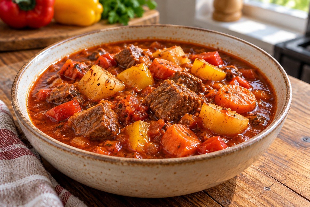 Goulash de carne em cubos com batatas e molho de páprica