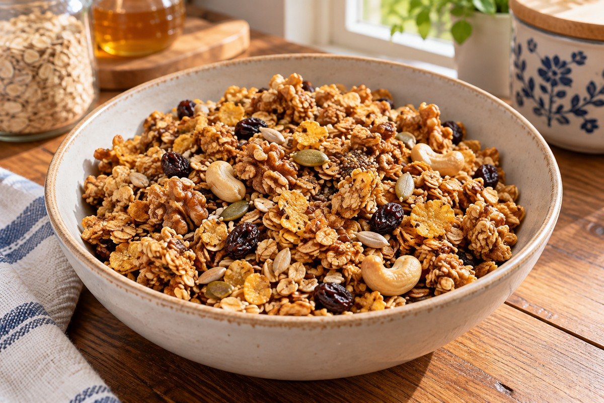 Granola caseira tostada com flocos, sementes e castanhas