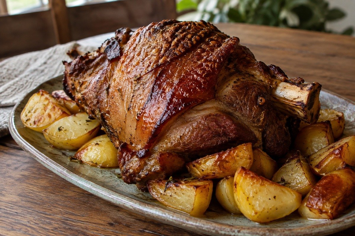 Joelho de porco assado e dourado com batatas em travessa rústica