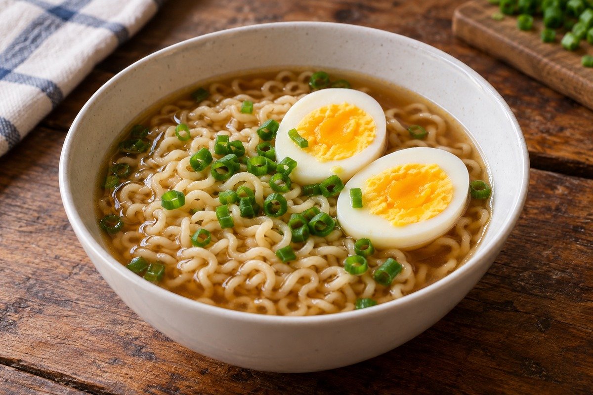 Tigela de lámen simples com macarrão em caldo de shoyu, ovo cozido cortado ao meio e cebolinha
