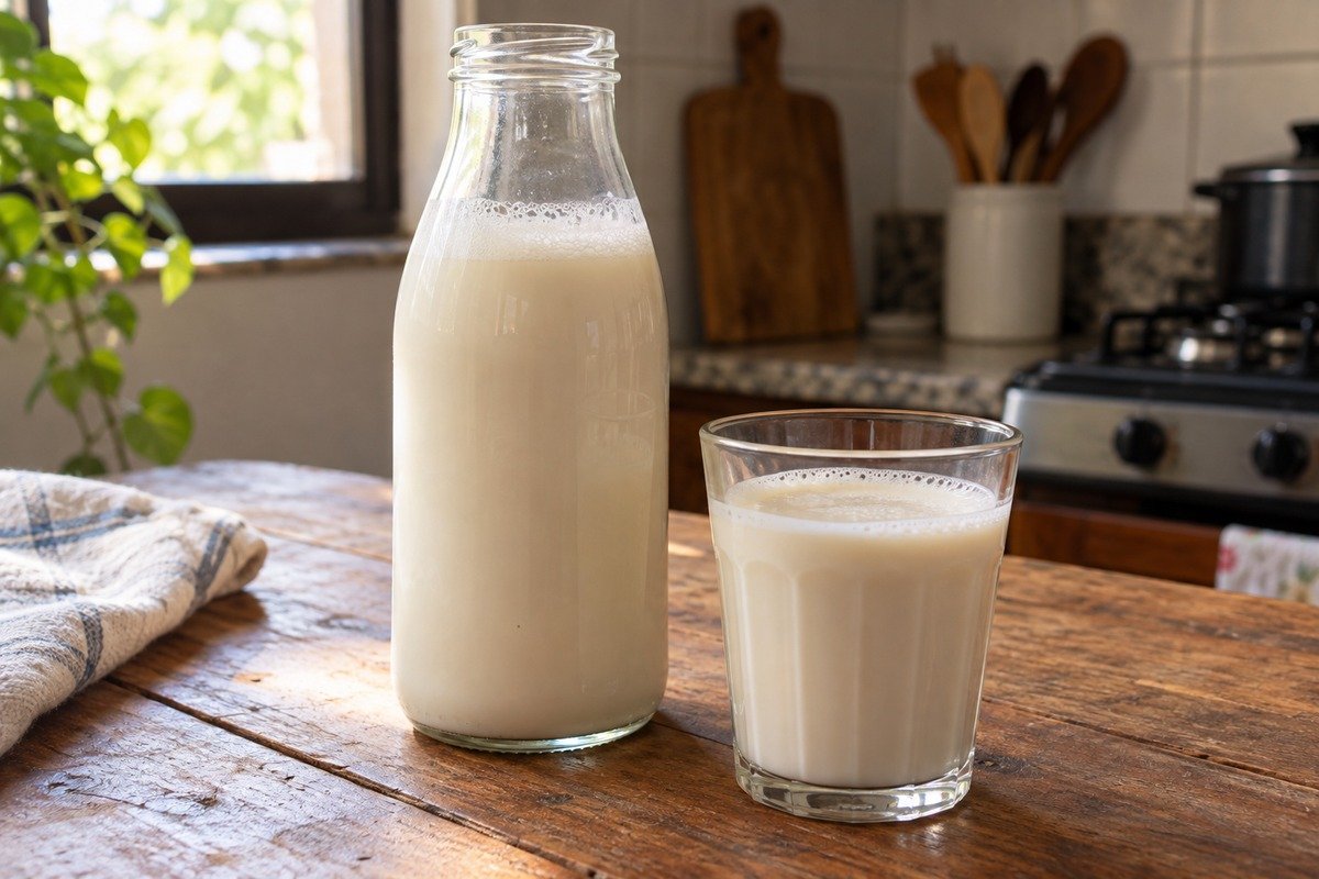 Leite de aveia branco opaco em garrafa de vidro e copo simples, com espuma discreta no topo.