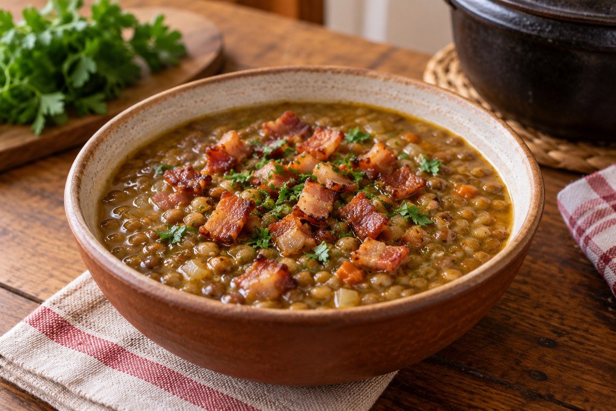 tigela rústica de lentilha cozida encorpada com cubinhos dourados de bacon e cheiro-verde