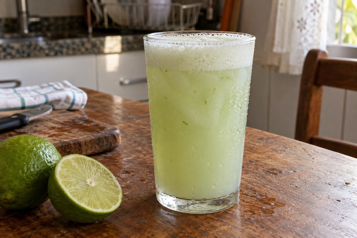Limonada suíça bem clara em copo com espuma branca no topo e gotas de condensação, com limões ao lado.