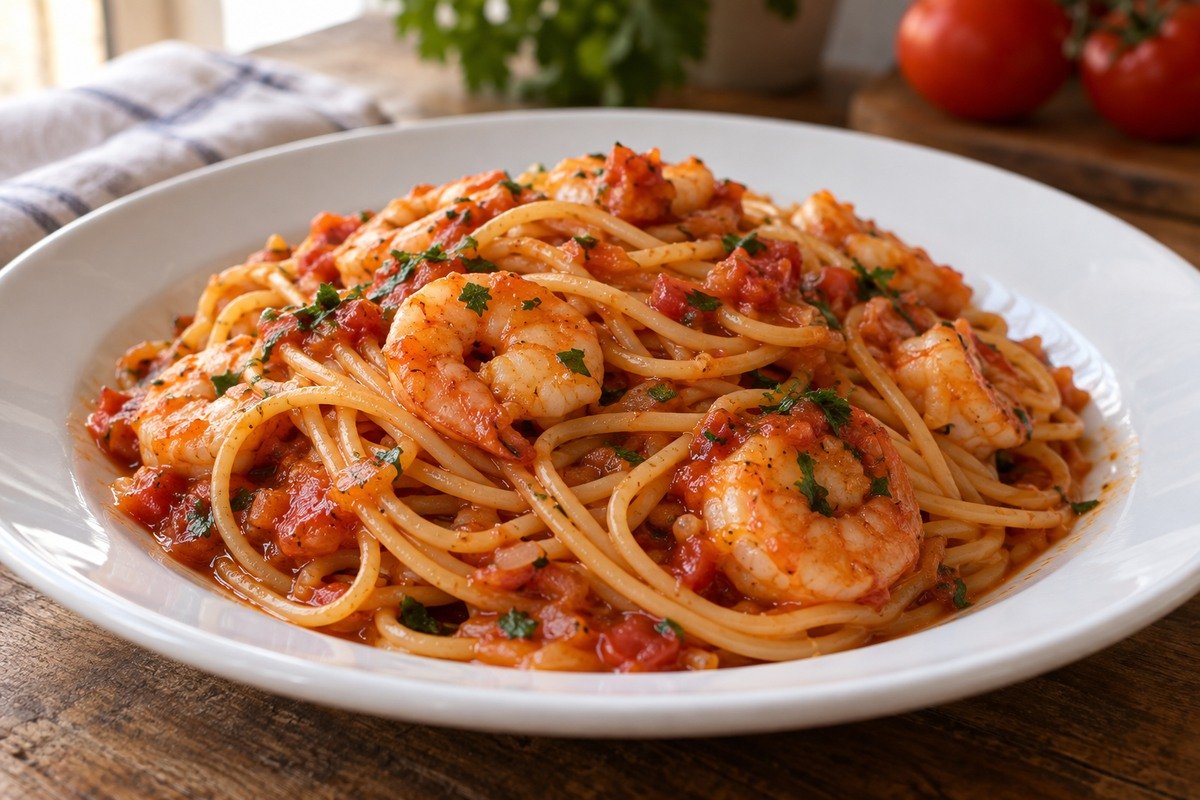 Macarrão com camarões rosados e molho de tomate