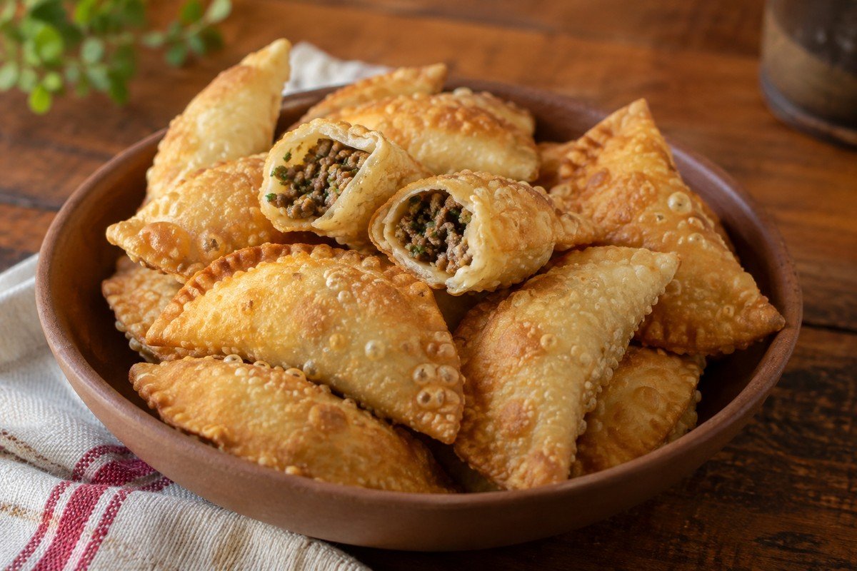 Pastelzinhos fritos dourados feitos com massa caseira em prato simples