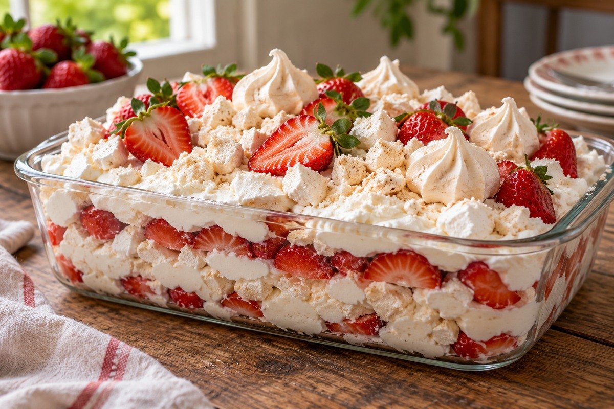 Merengue de morango em camadas de chantilly e suspiros