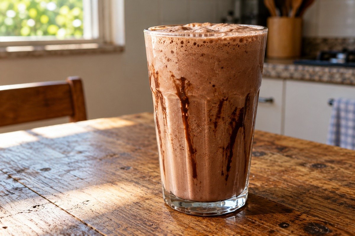Milk-shake de chocolate espesso em copo alto, com espuma leve e marcas de calda de chocolate no vidro.