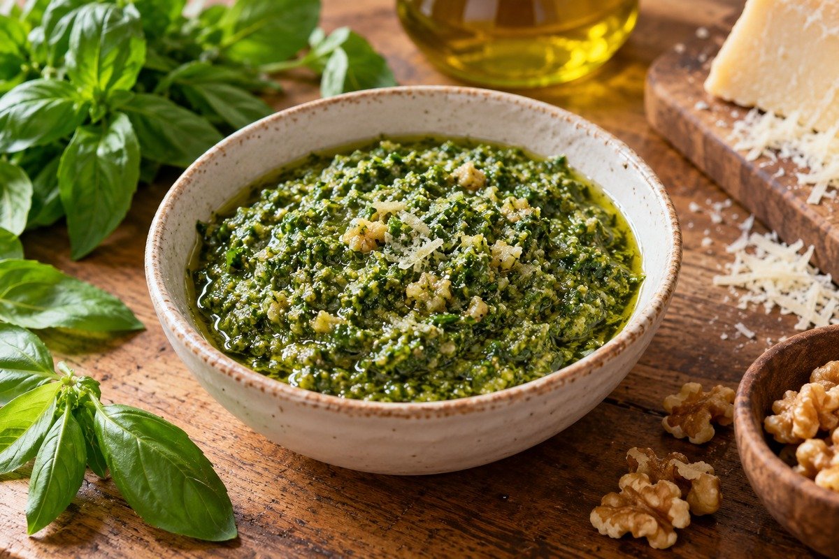 Molho pesto verde e rústico em tigela pequena, com partículas de manjericão, nozes e parmesão visíveis.