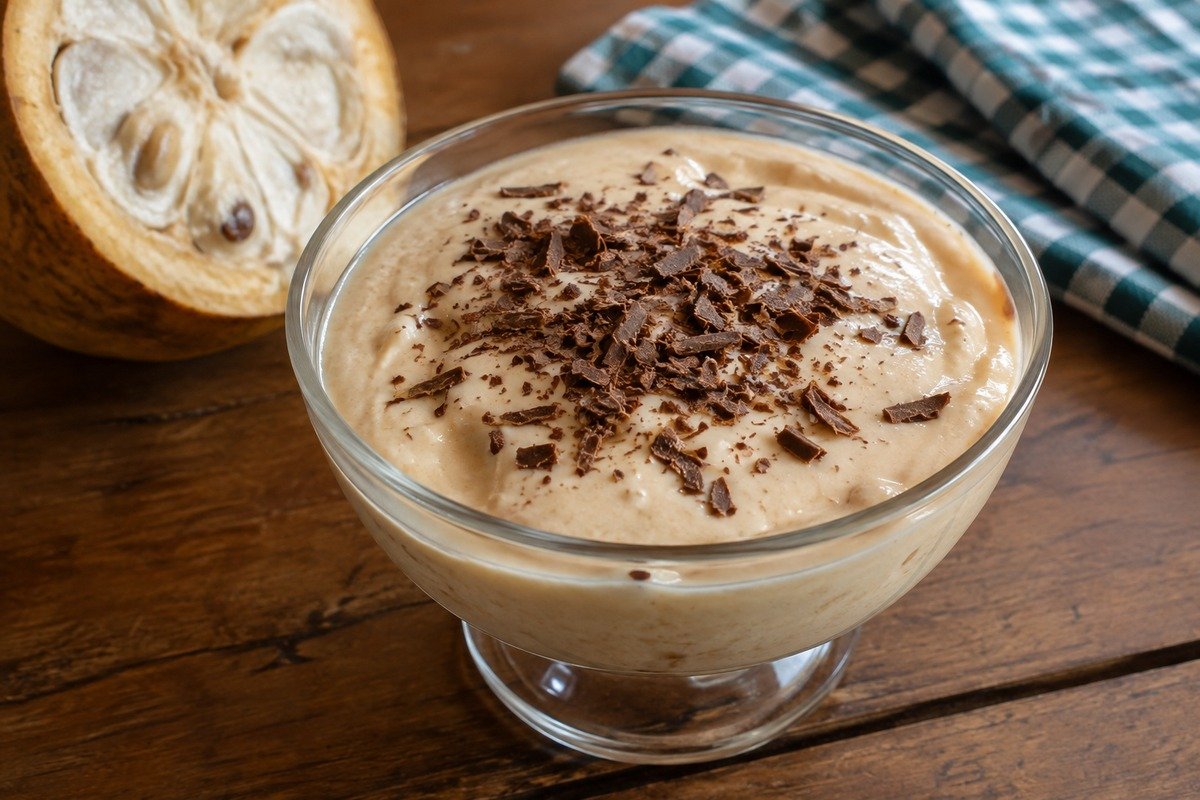 Mousse de cupuaçu clara e cremosa em taça de vidro sobre mesa simples