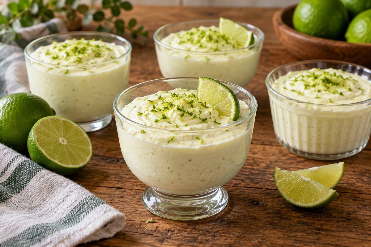 mousse de limão muito cremosa em copos simples, tom branco-amarelado, pequenas raspas verdes por cima