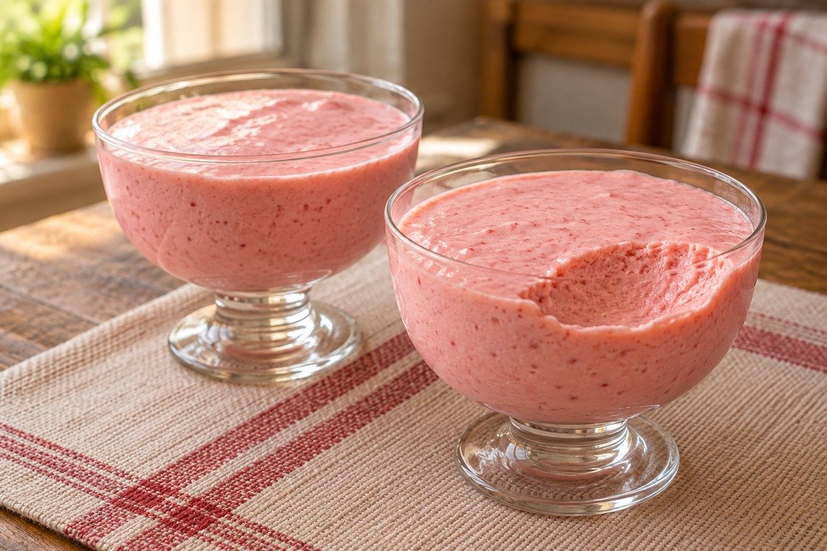 Mousse de morango rosa em taças simples, com textura cremosa e uma pequena colherada retirada.