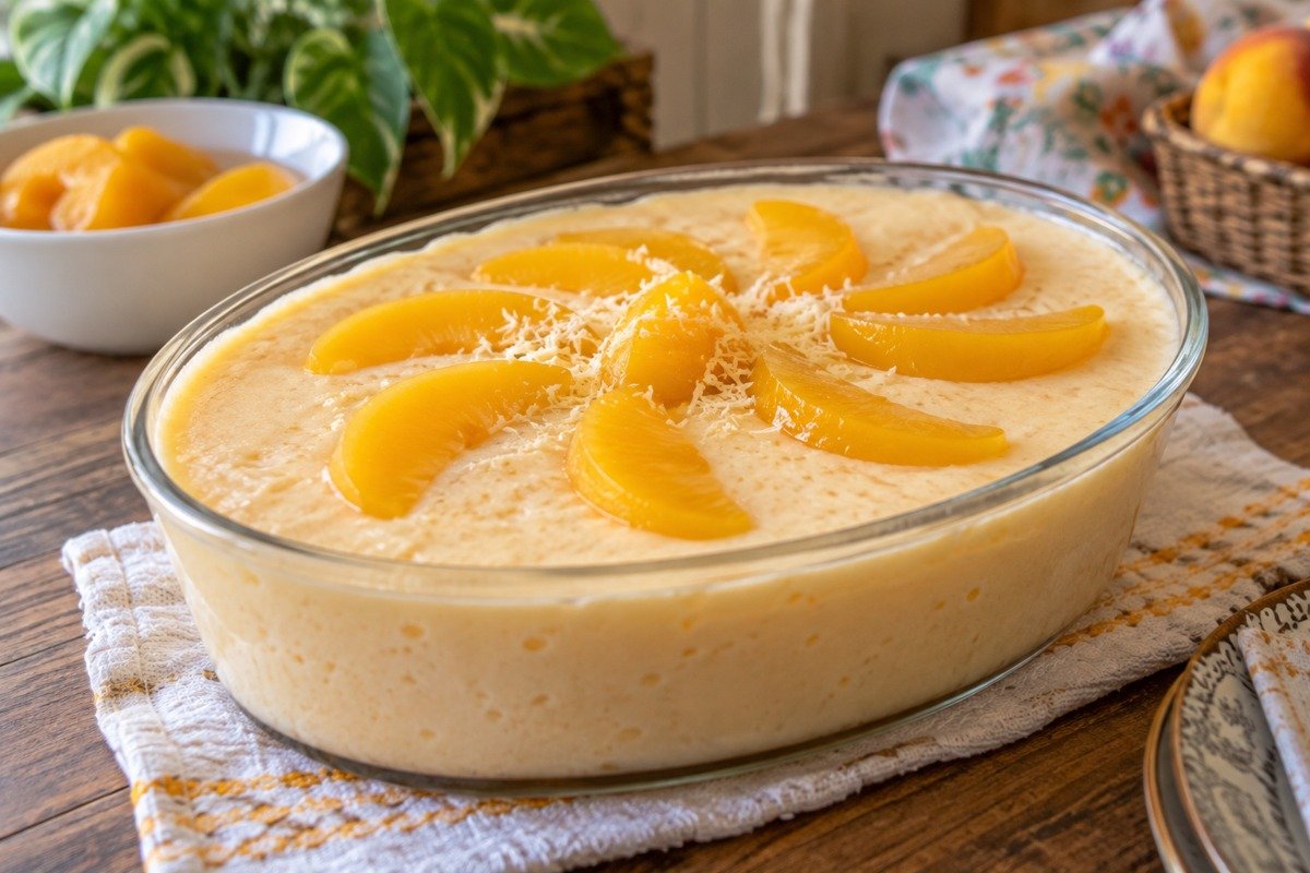 Mousse de pêssego em travessa de vidro, cremosa e decorada com fatias de pêssego