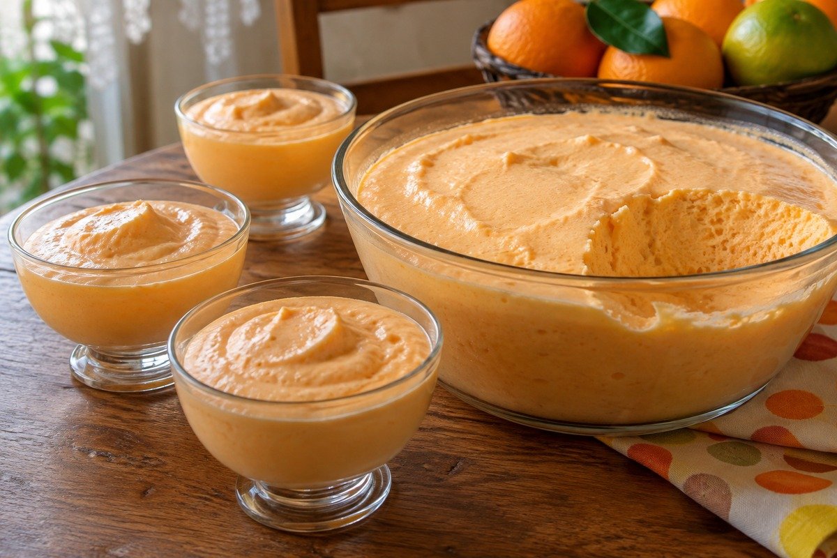 Mousse de Tang servida em taças de vidro sobre mesa simples e rústica