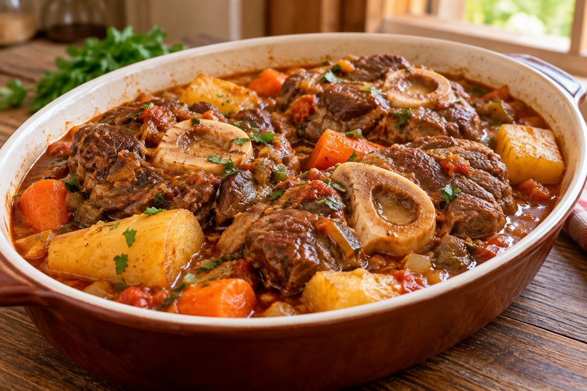 Ossobuco cozido em molho encorpado, com osso central visível, mandioca e cenoura em travessa simples.
