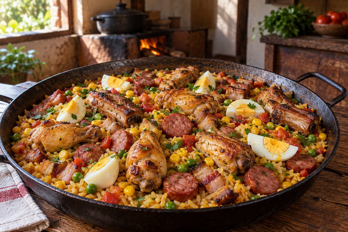 Paella caipira com arroz, carnes, legumes e ovos em panela larga