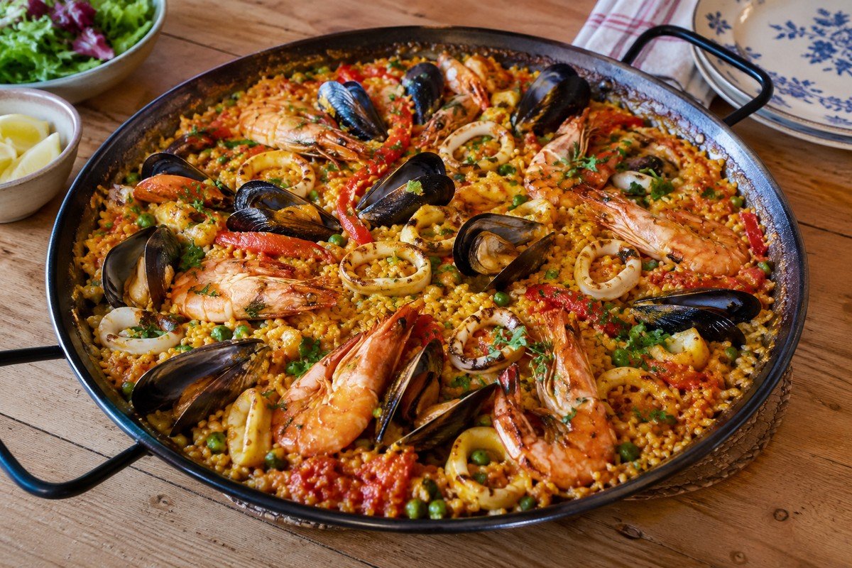 Paella de frutos do mar em panela rasa sobre mesa de madeira