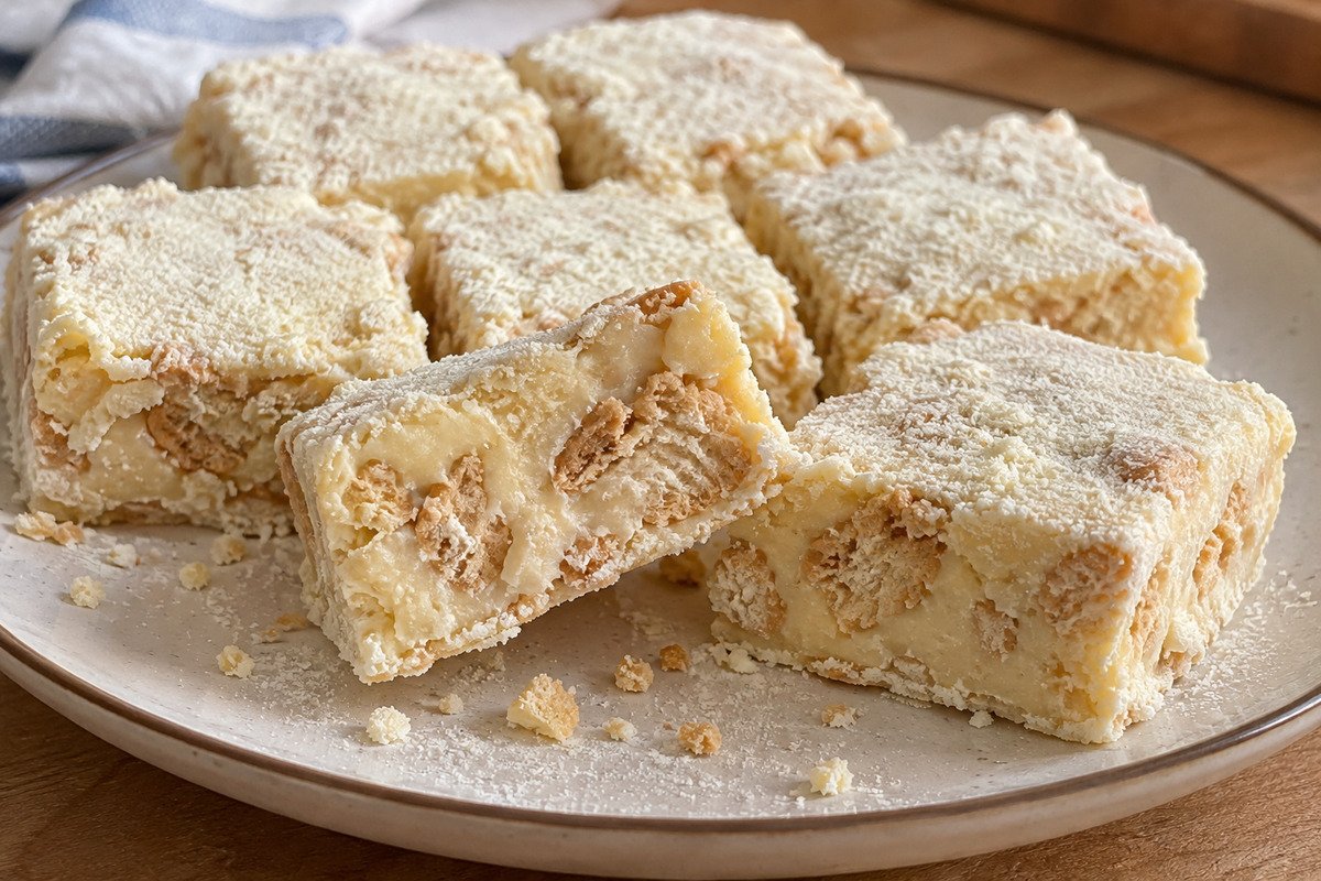 Quadrados claros de palha italiana de leite Ninho com biscoito visível