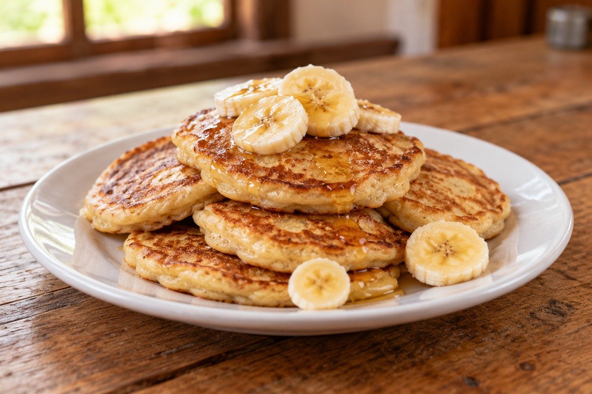 Panquecas de banana pequenas e douradas, empilhadas em prato simples, com textura caseira.