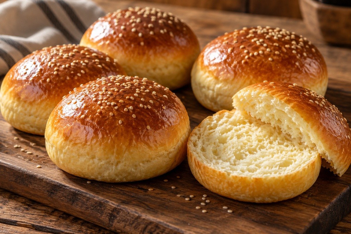 Pães brioche para hambúrguer dourados com gergelim sobre tábua de madeira