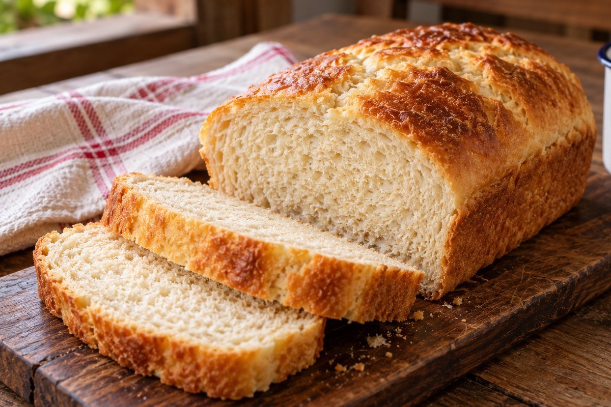 Pão caseiro com fermento químico dourado e fatiado sobre tábua de madeira em cozinha simples