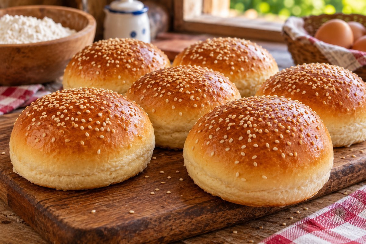Pães de hambúrguer caseiros dourados com gergelim sobre tábua de madeira em cozinha simples