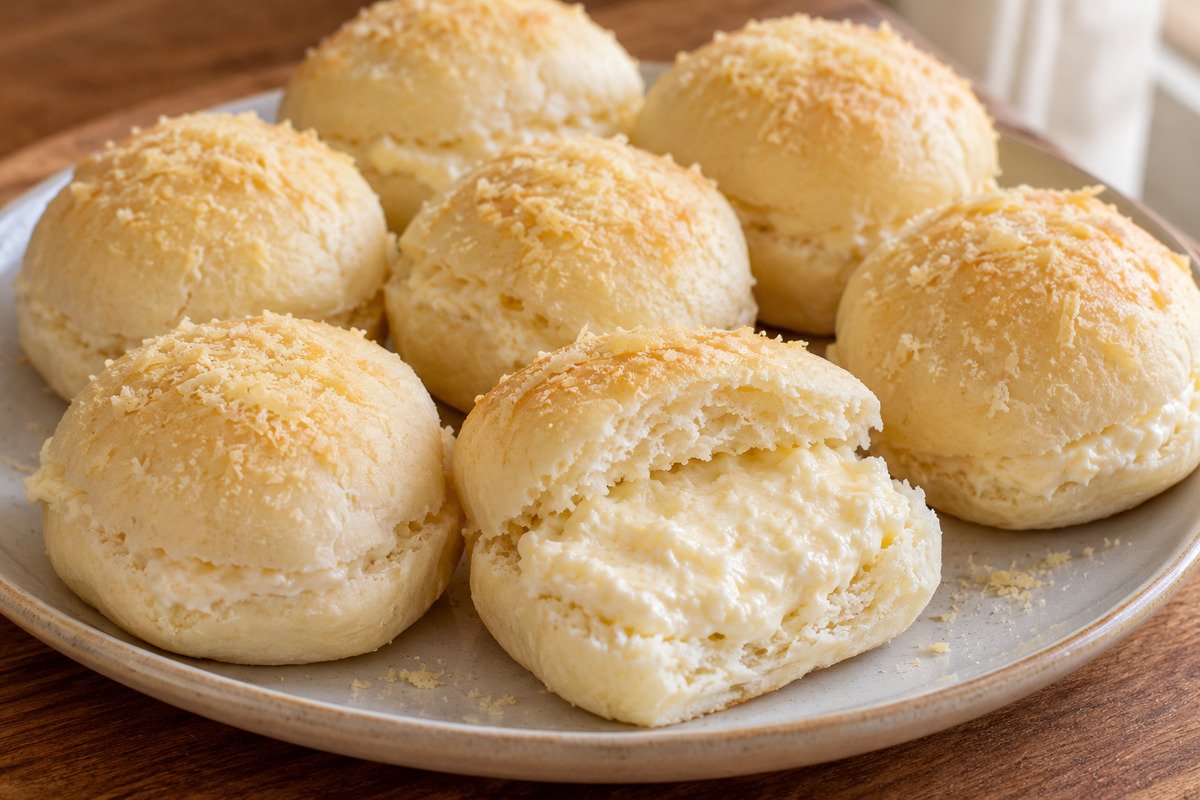 Pãezinhos claros de pão delícia abertos com creme branco de queijo e parmesão sobre um prato simples.