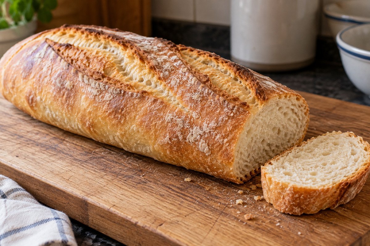 Filão de pão italiano dourado com uma fatia mostrando o miolo