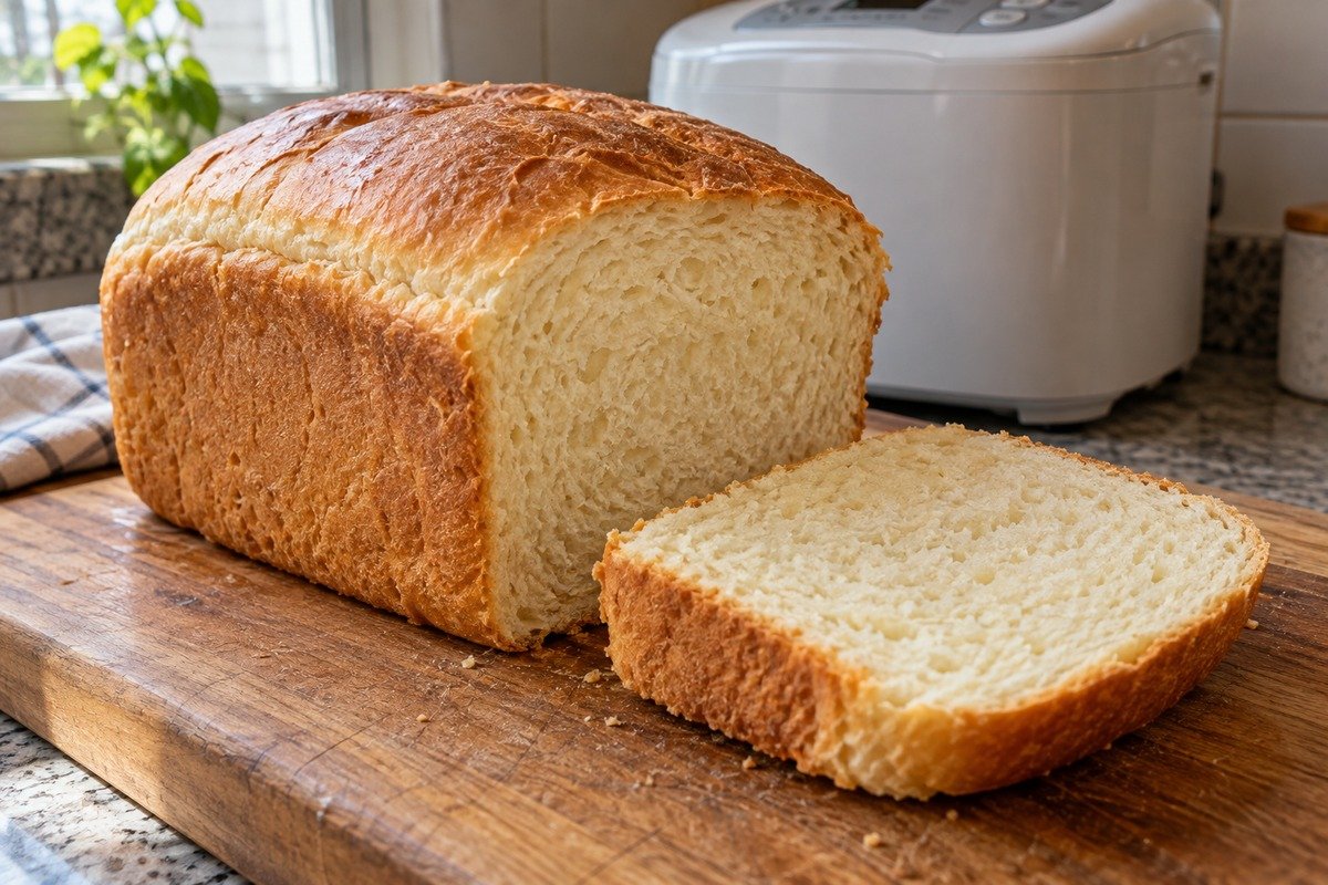 Pão retangular dourado da máquina de pão sobre tábua, com uma fatia mostrando o miolo claro.