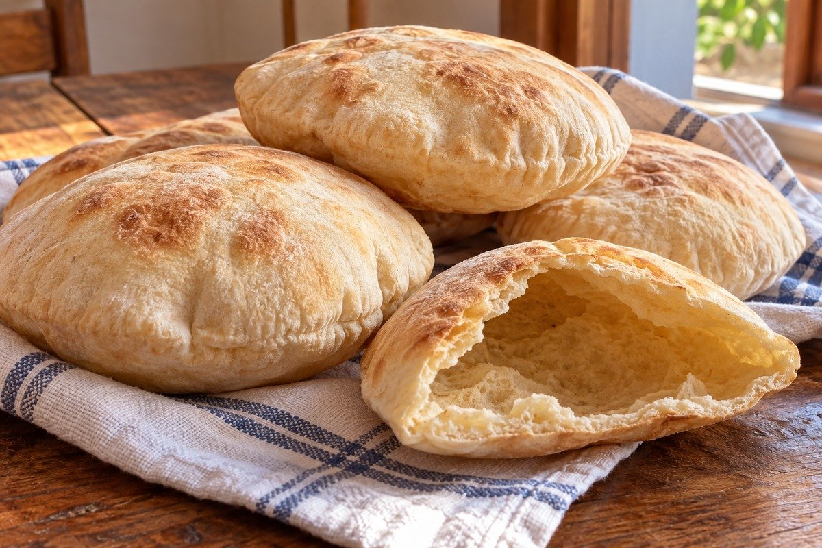 Pães sírios redondos e dourados, com uma unidade aberta mostrando o bolsão interno, sobre pano simples em mesa de madeira.