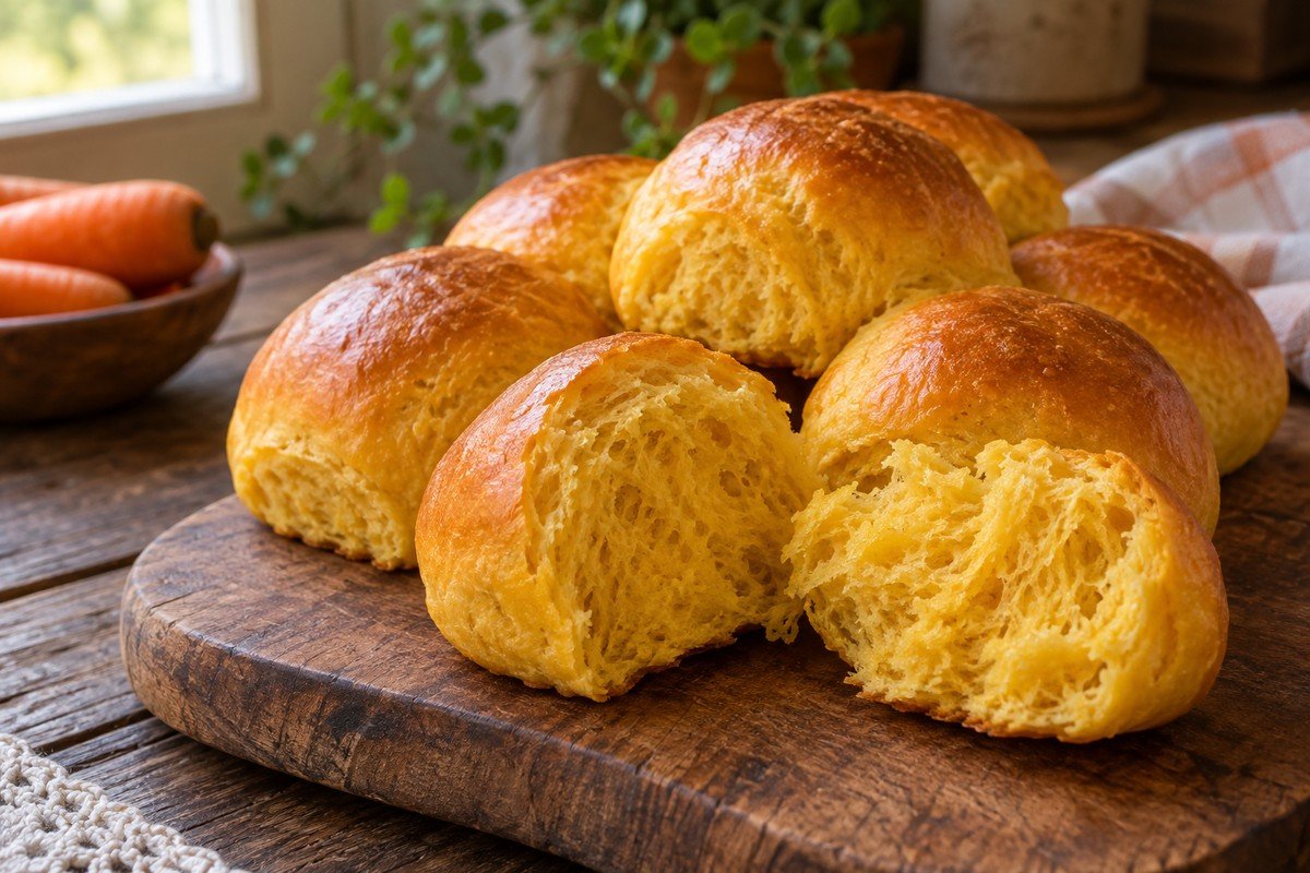 Pãezinhos de cenoura dourados sobre tábua de madeira simples