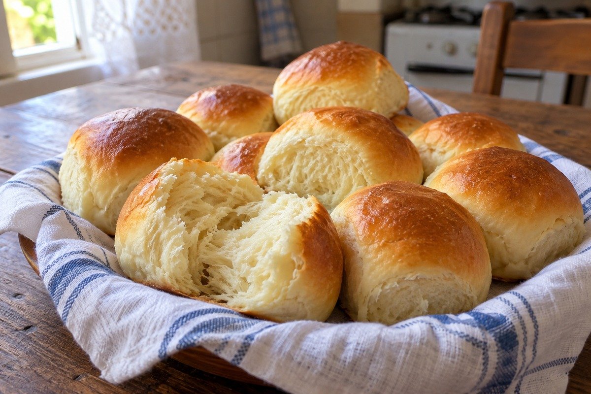 Pãezinhos de leite dourados em cesta forrada, com um aberto mostrando o miolo macio e desfiando.