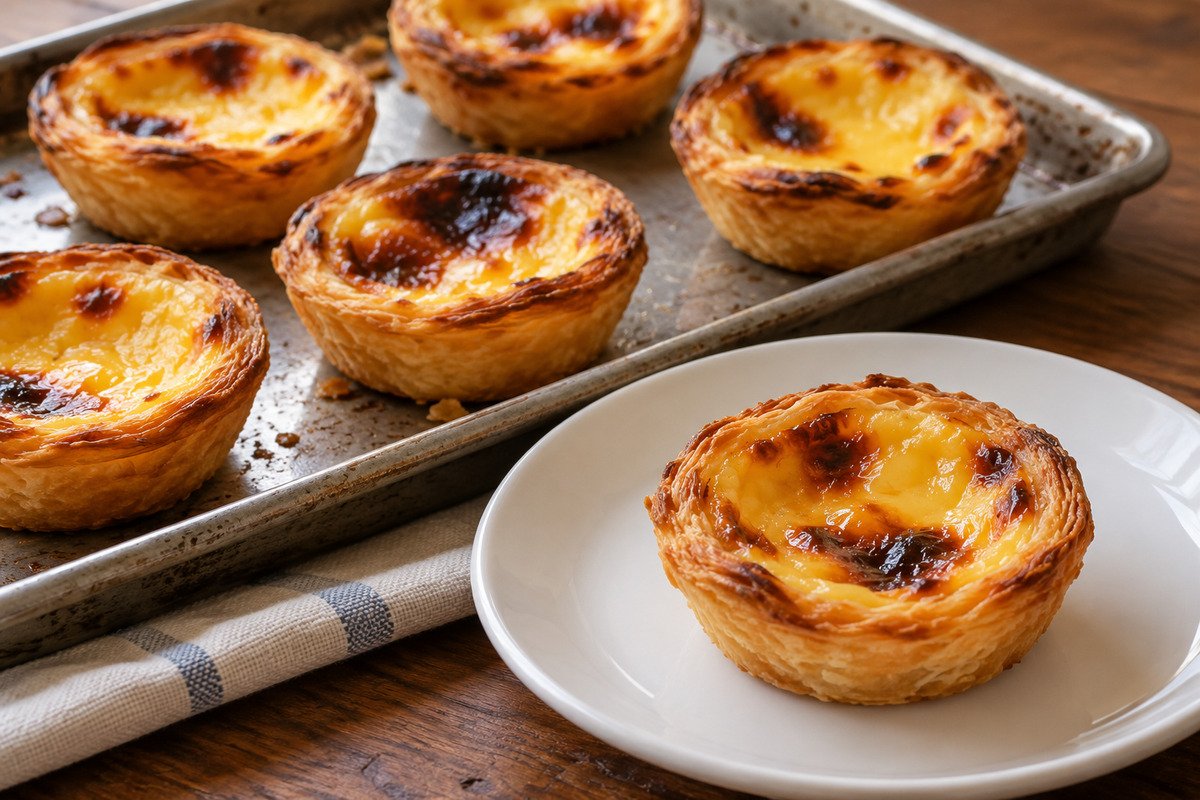 Pastéis de Belém individuais com bordas de massa folhada e creme dourado com manchas tostadas.