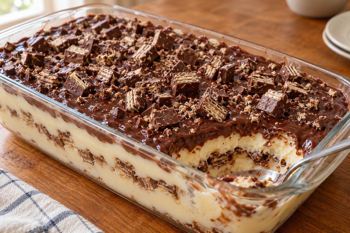 Pavê de Bis em travessa com creme branco e chocolate em camadas