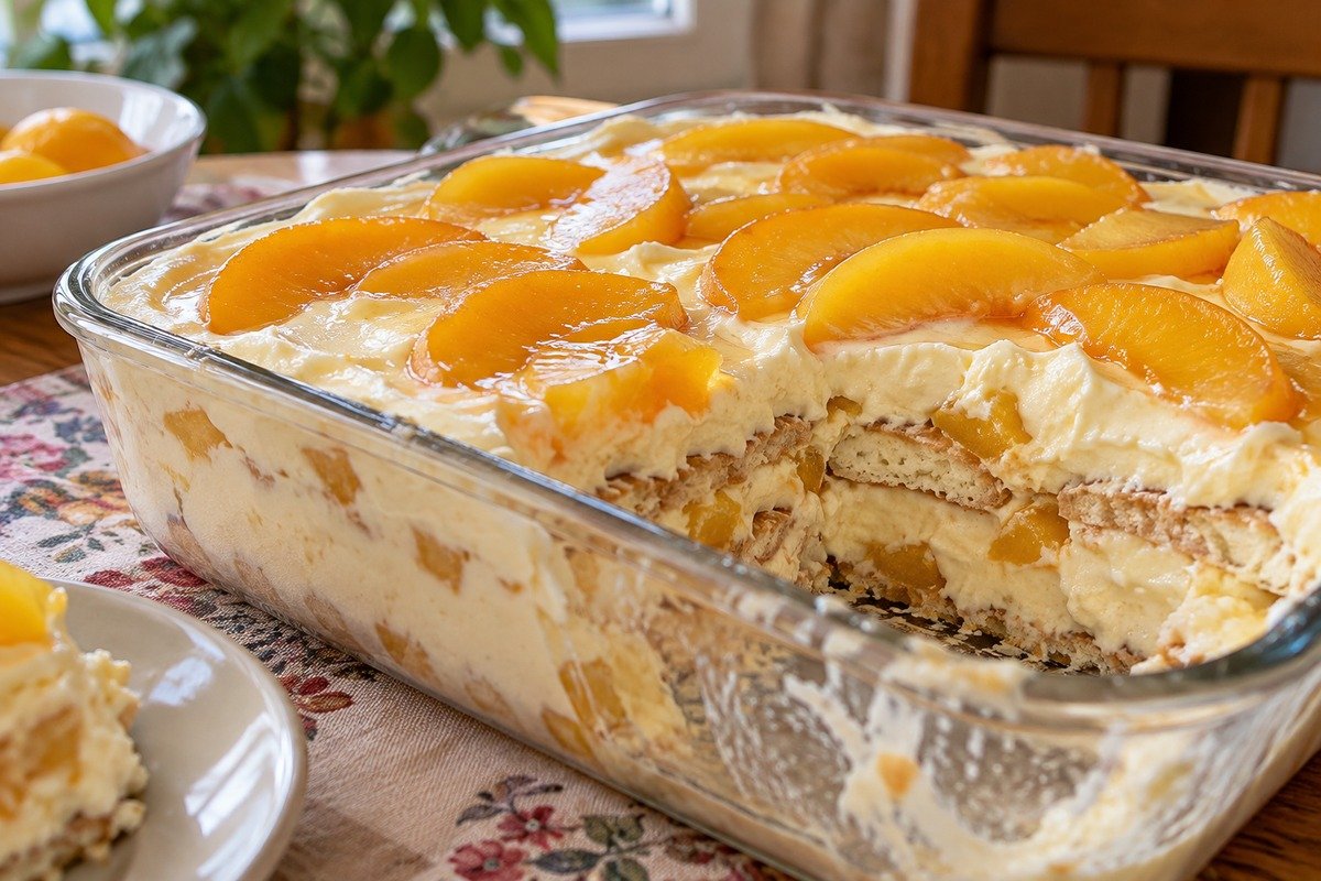Pavê de pêssego em travessa de vidro, com camadas de creme, bolacha e fatias de pêssego.