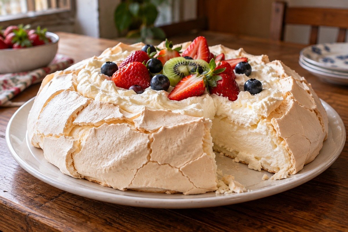 Pavlova redonda com casca branca rachada, creme no centro e frutas frescas como finalização.