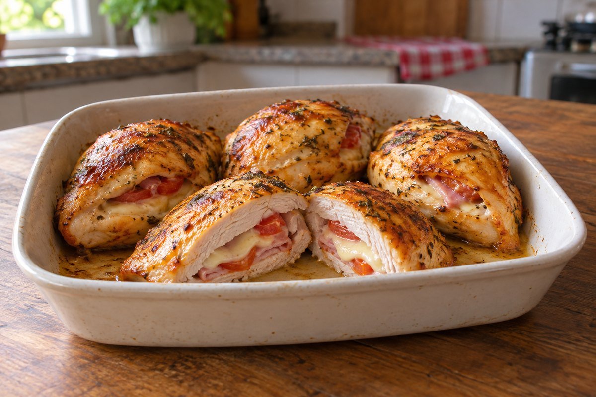 Peito de Frango Recheado pronto em apresentação caseira sobre mesa de madeira
