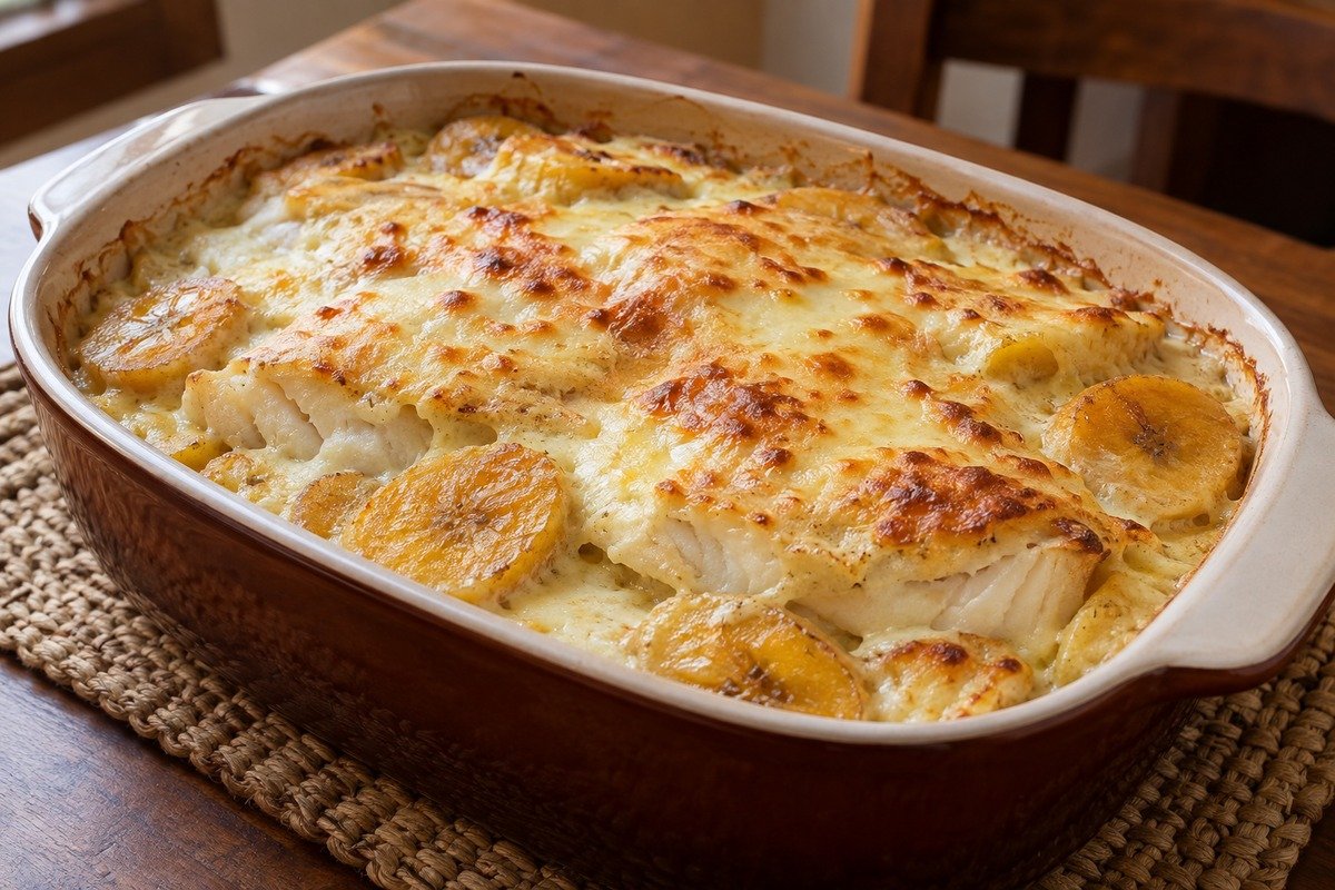 Peixe à delícia gratinado com queijo e banana-da-terra em refratário sobre mesa de madeira