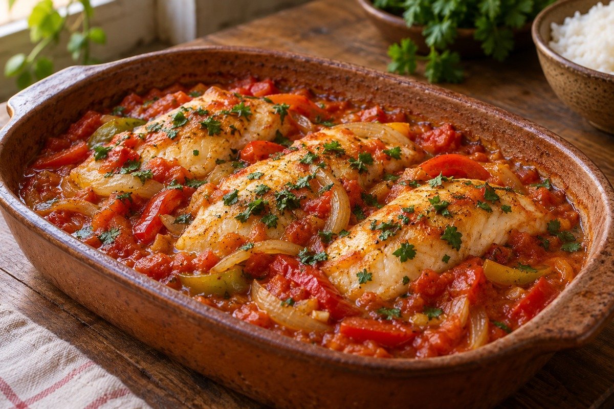 Peixe ao molho servido em travessa rústica com tomate, pimentão e cebola em cozinha simples