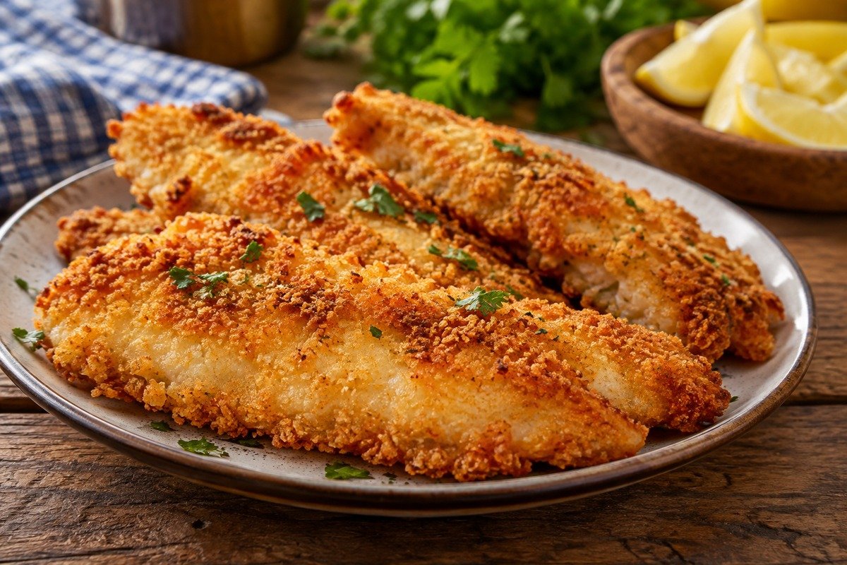 filés de peixe empanado dourados e crocantes, empilhados em prato simples com aparência caseira
