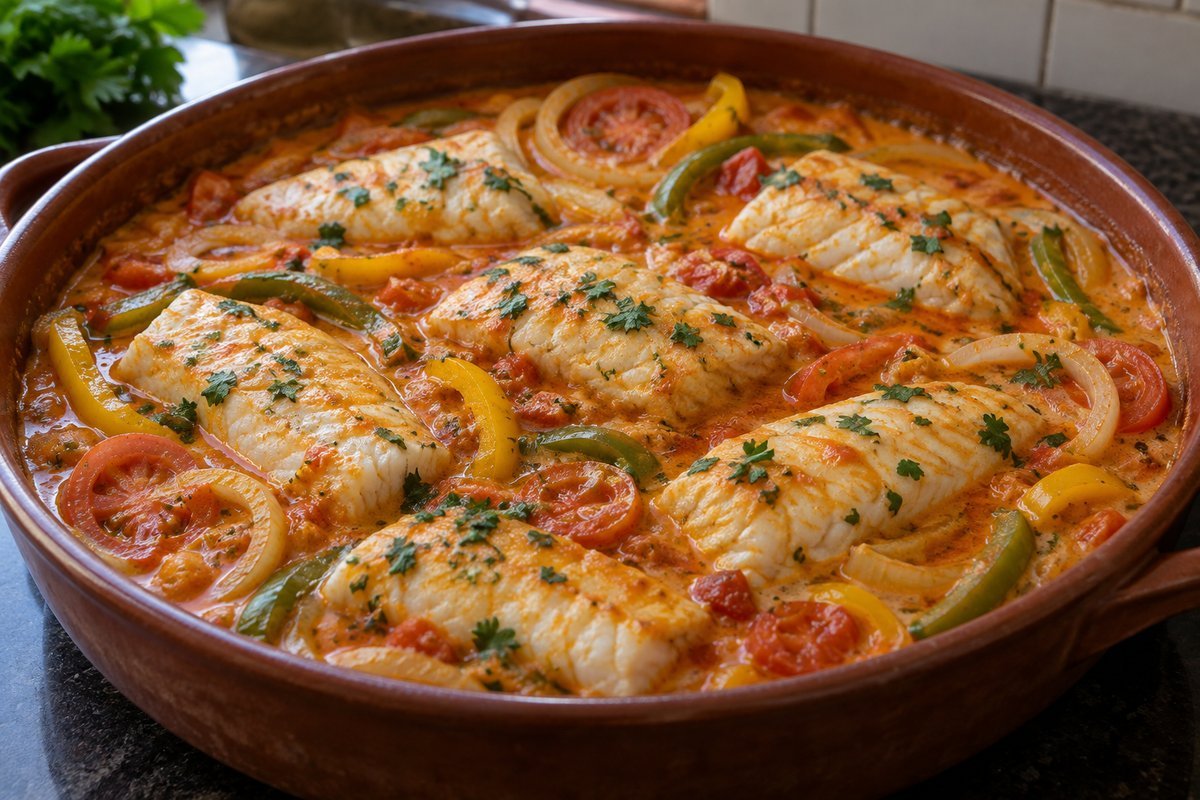 Peixe ensopado com pimentões, tomate e molho de leite de coco