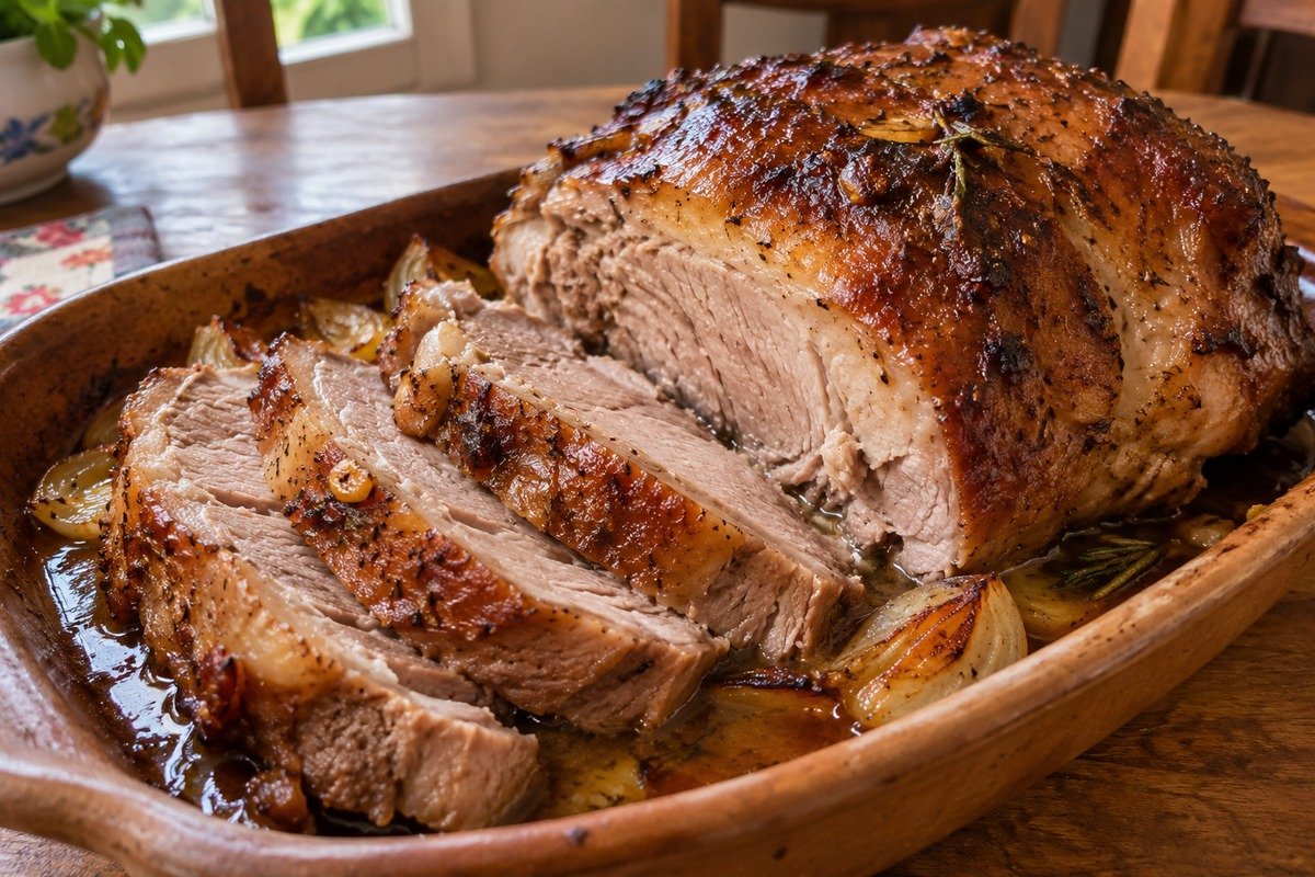 Pernil de porco assado com ervas em travessa rústica
